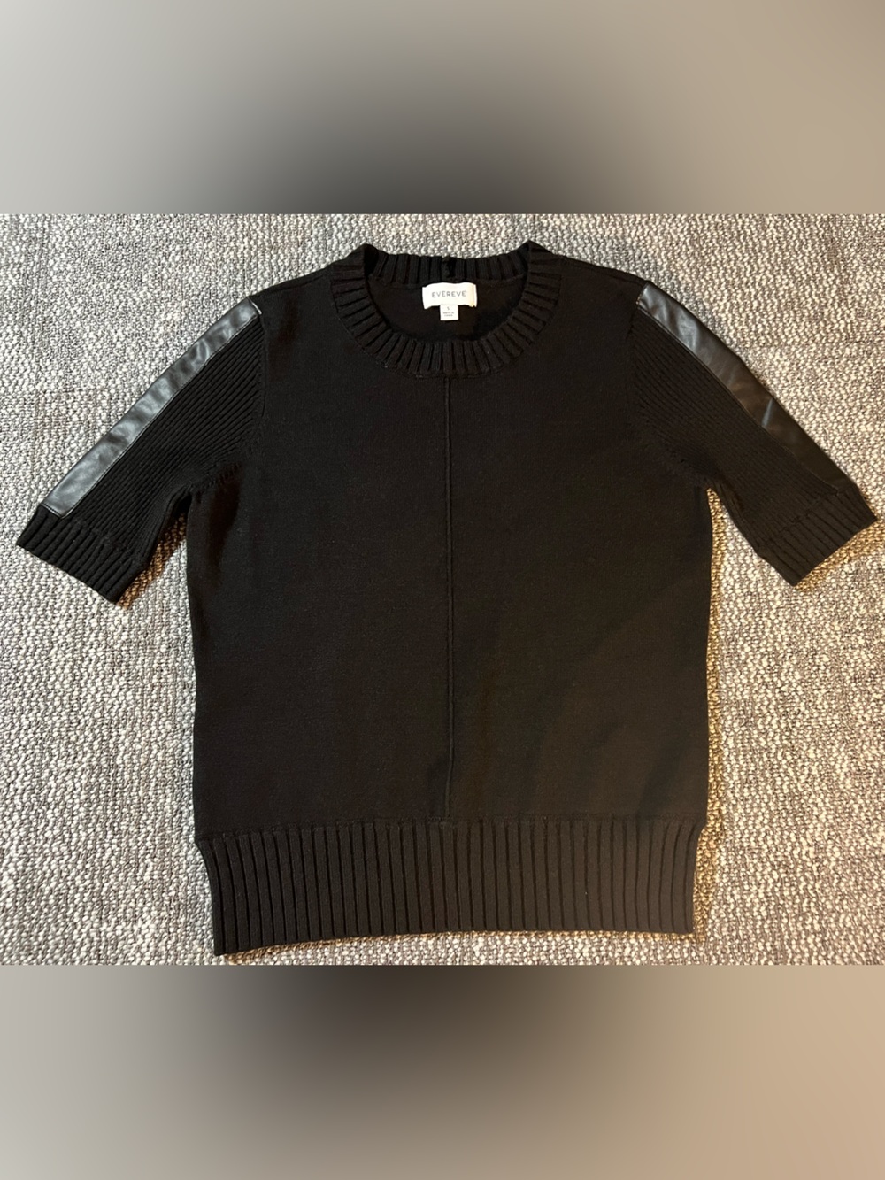 Evereve Black Crewneck Sweater Faux Leather Trim Ribbed Short Sleeve Size S